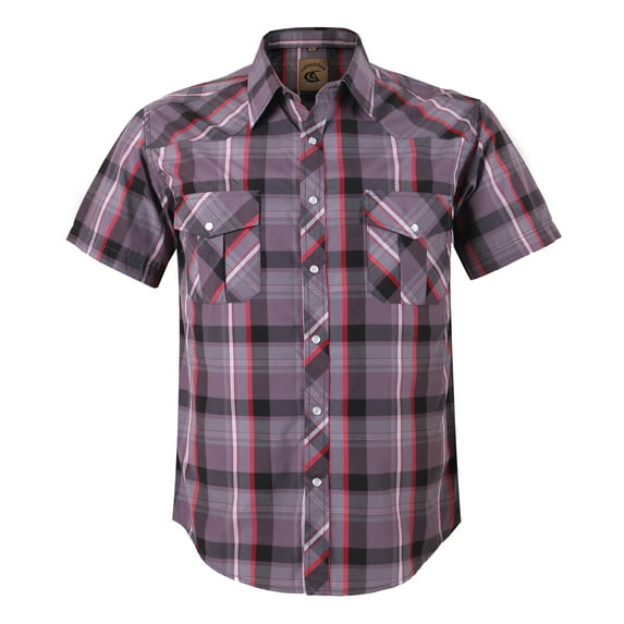 Coevals Club Men's Western Shirt Cowboy Plaid Country Pearl Snap Button Short Sleeve Two Pockets Work Shirts 23 Purple Red Black X-Large
