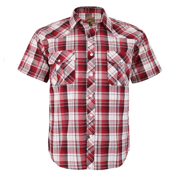 Coevals Club Men's Western Shirt Cowboy Plaid Country Pearl Snap Button Short Sleeve Two Pockets Work Shirts 27 Red White 3X-Large