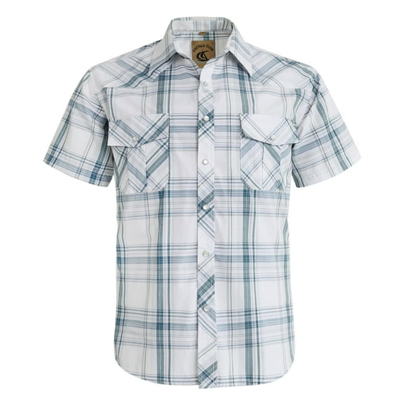 Coevals Club Men's Western Shirt Cowboy Plaid Country Pearl Snap Button Short Sleeve Two Pockets Work Shirts 28 White Plaid Large