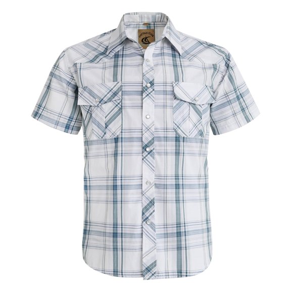 Coevals Club Men's Western Shirt Cowboy Plaid Country Pearl Snap Button Short Sleeve Two Pockets Work Shirts 28 White Plaid Small