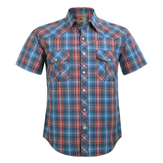 Coevals Club Men's Western Shirt Cowboy Plaid Country Pearl Snap Button Short Sleeve Two Pockets Work Shirts 32 Red Blue White 4X-Large
