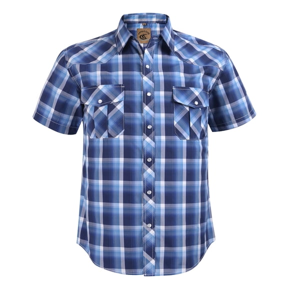 Coevals Club Men's Western Shirt Cowboy Plaid Country Pearl Snap Button Short Sleeve Two Pockets Work Shirts 36 Blue White Large