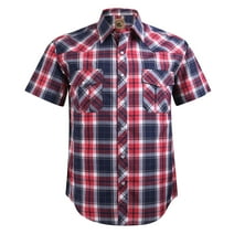 Coevals Club Men's Western Shirt Cowboy Plaid Country Pearl Snap Button Short Sleeve Two Pockets Work Shirts 37 Navy Red White Medium