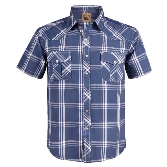 Coevals Club Men's Western Shirt Cowboy Plaid Country Pearl Snap Button Short Sleeve Two Pockets Work Shirts 38 Navy White Medium