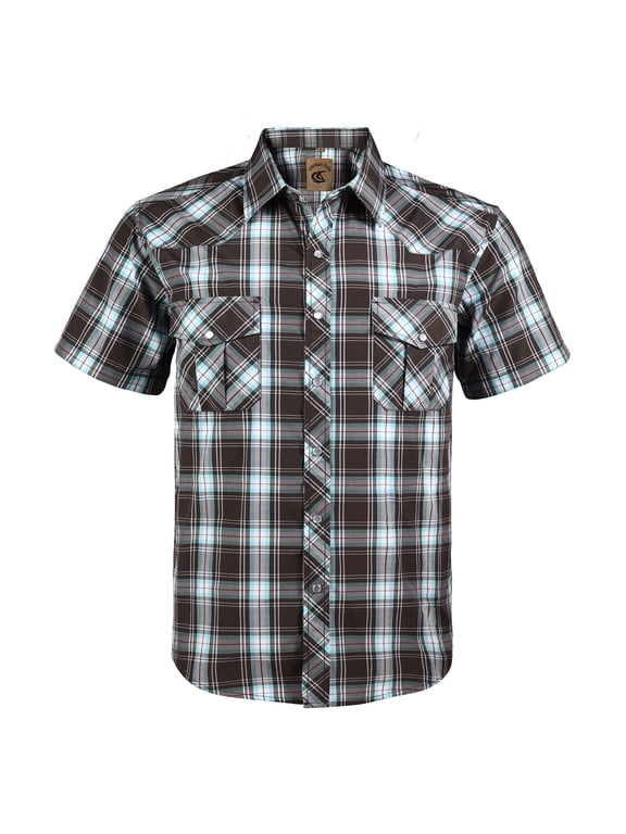 Men's Western Shirt Cowboy Plaid Country Pearl Snap Button Short Sleeve Two Pockets Work Shirts 39 Marine Blue Dark Gray Large