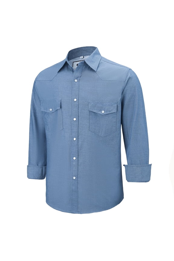 Mens Denim Pearl Snap Western Cowboy Work Cotton Button up Two Pockets Long Sleeve Shirts 02 Dusk Blue Medium