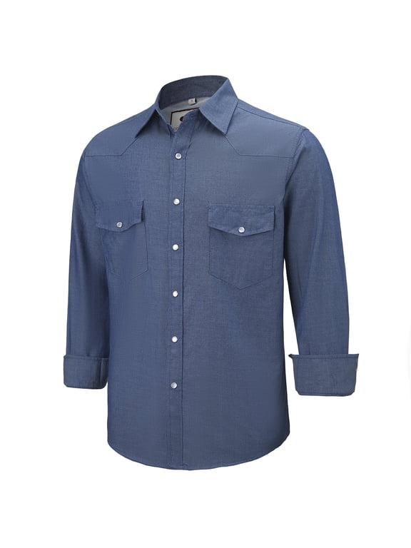 Mens Denim Pearl Snap Western Cowboy Work Cotton Button up Two Pockets Long Sleeve Shirts 03 Blue Large
