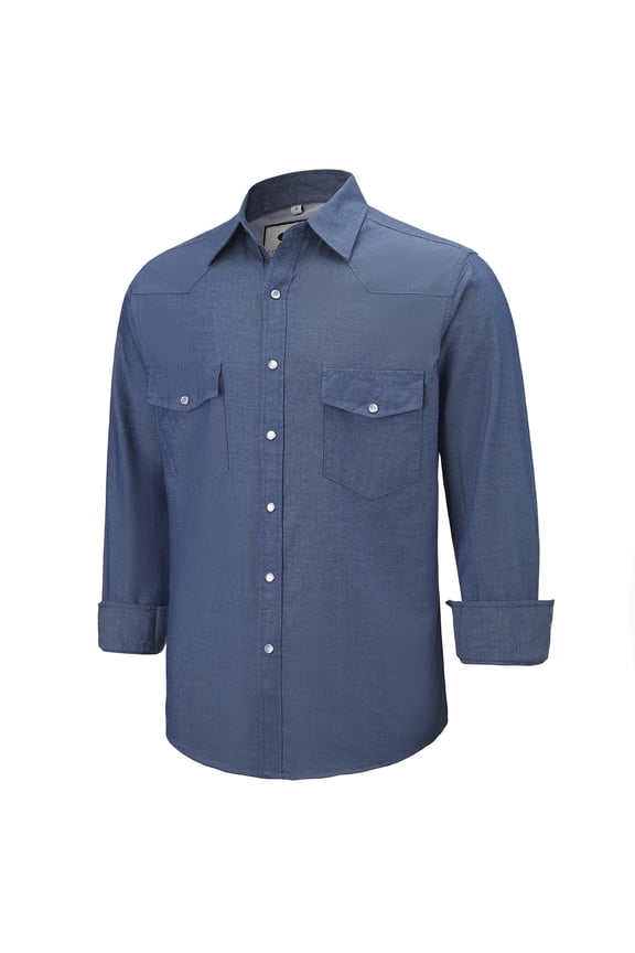 Mens Denim Pearl Snap Western Cowboy Work Cotton Button up Two Pockets Long Sleeve Shirts 03 Blue Large