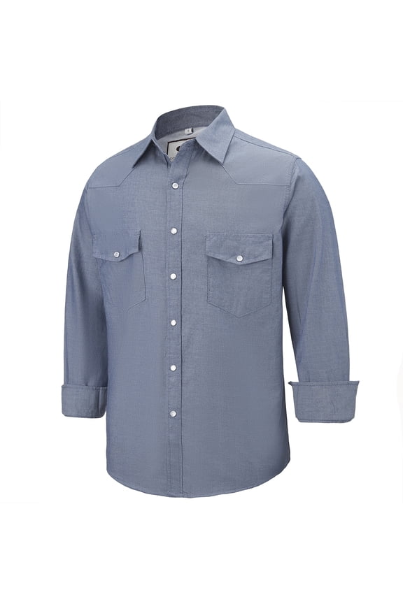 Mens Denim Pearl Snap Western Cowboy Work Cotton Button up Two Pockets Long Sleeve Shirts 04 White Blue XX-Large