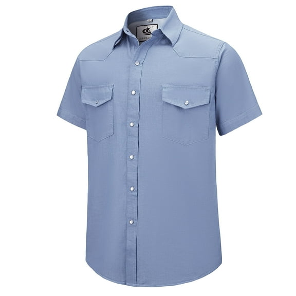 Coevals Club Mens Denim Pearl Snap Western Cowboy Work Cotton Button up Two Pockets Short Sleeve Shirts 01 Dusty Blue XX-Large