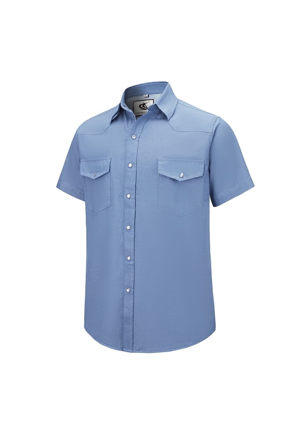 Mens Denim Pearl Snap Western Cowboy Work Cotton Button up Two Pockets Short Sleeve Shirts 02 Dusk Blue Large