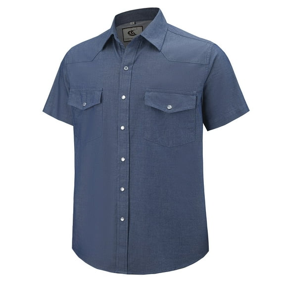 Coevals Club Mens Denim Pearl Snap Western Cowboy Work Cotton Button up Two Pockets Short Sleeve Shirts 03 Blue Large