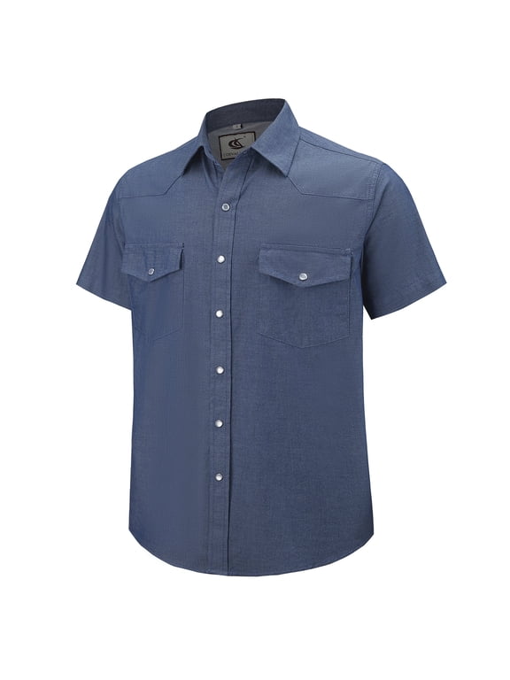Mens Denim Pearl Snap Western Cowboy Work Cotton Button up Two Pockets Short Sleeve Shirts 03 Blue Large