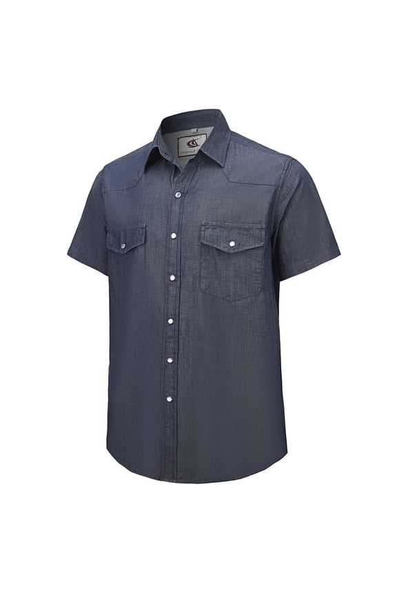 Mens Denim Pearl Snap Western Cowboy Work Cotton Button up Two Pockets Short Sleeve Shirts 05 Dark Blue X-Large
