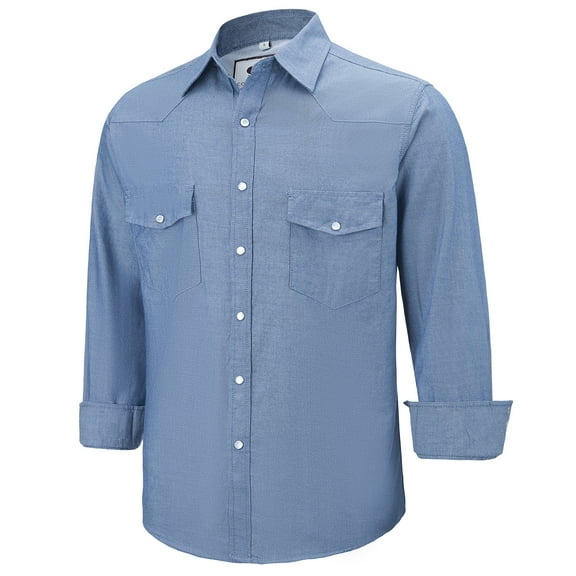 Coevals Club Mens Denim Shirts Pearl Snap Western Cowboy Leisure Work Cotton Button up Two Pockets Long Sleeve Shirts 02 Dusk Blue Small