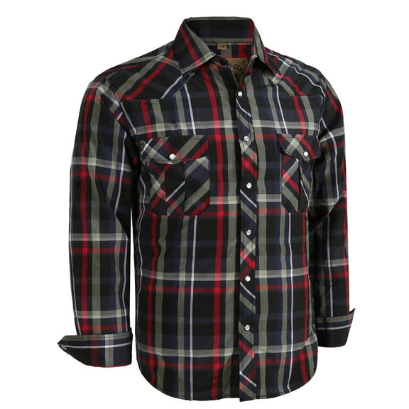 Coevals Club Mens Pearl Snap Plaid Western Cowboy Button Up Long Sleeve Shirts Black Gray Red 06 X-Large