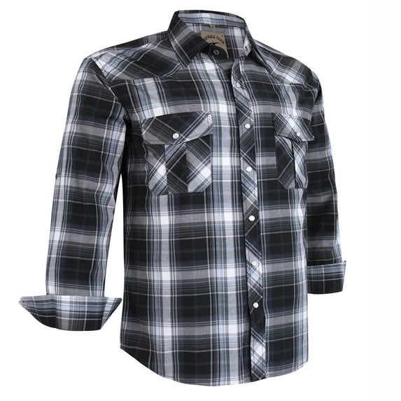 Coevals Club Mens Pearl Snap Plaid Western Cowboy Button Up Long Sleeve Shirts Black White Gray 09 Large
