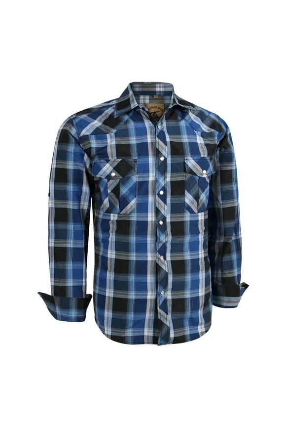 Mens Pearl Snap Plaid Western Cowboy Button Up Long Sleeve Shirts Bule White Black 04 Medium