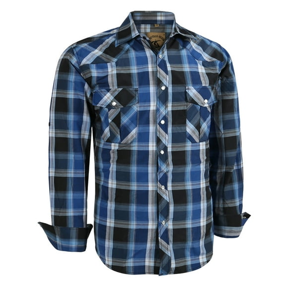 Coevals Club Mens Pearl Snap Plaid Western Cowboy Button Up Long Sleeve Shirts Bule White Black 04 XX-Large