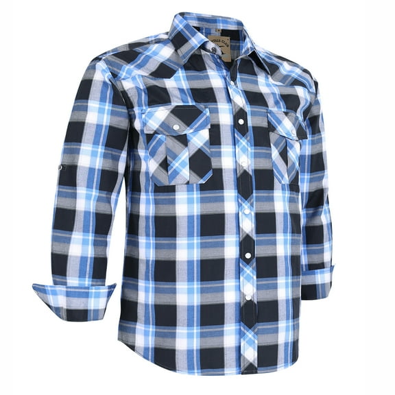 Coevals Club Mens Pearl Snap Plaid Western Cowboy Button Up Long Sleeve Shirts Bule White Black 19 4X-Large