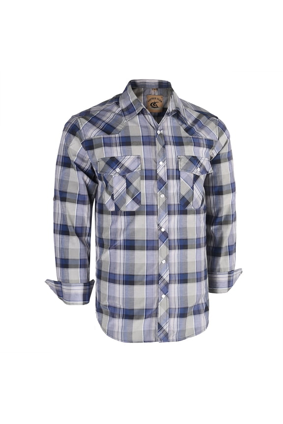 Mens Pearl Snap Plaid Western Cowboy Button Up Long Sleeve Shirts Light Gray Navy 13 Large