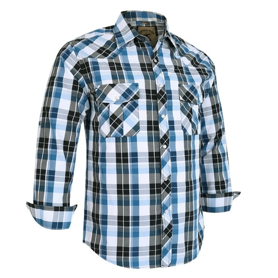 Coevals Club Mens Pearl Snap Plaid Western Cowboy Button Up Long Sleeve Shirts White Blue Black 17 Medium