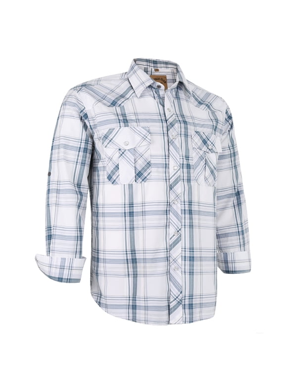 Mens Pearl Snap Plaid Western Cowboy Button Up Long Sleeve Shirts White Plaid 28 Large