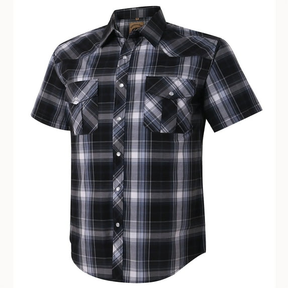 Coevals Club Mens Pearl Snap Plaid Western Cowboy Button Up Short Sleeve Shirts Black White Gray 09 Large