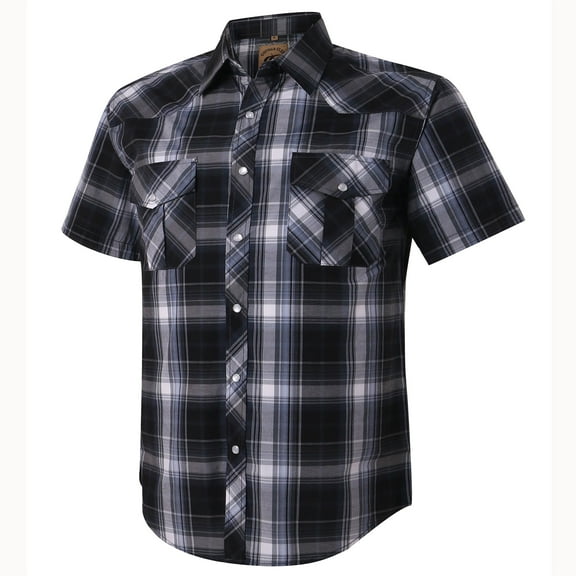 Coevals Club Mens Pearl Snap Plaid Western Cowboy Button Up Short Sleeve Shirts Black White Gray 09 Large