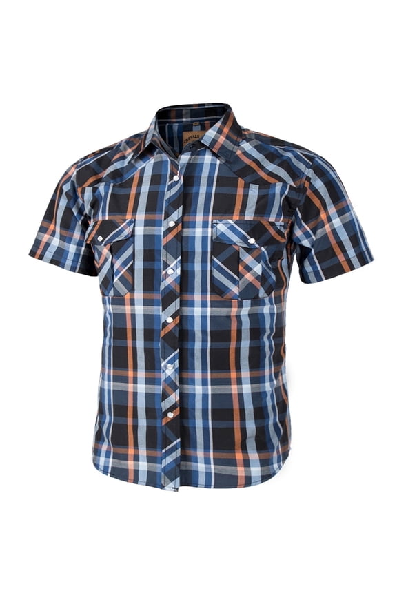 Mens Pearl Snap Plaid Western Cowboy Button Up Short Sleeve Shirts Blue Black Orange 05 X-Large