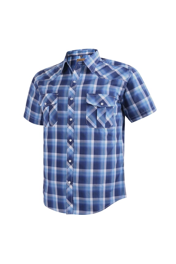Mens Pearl Snap Plaid Western Cowboy Button Up Short Sleeve Shirts Blue White 36 X-Large