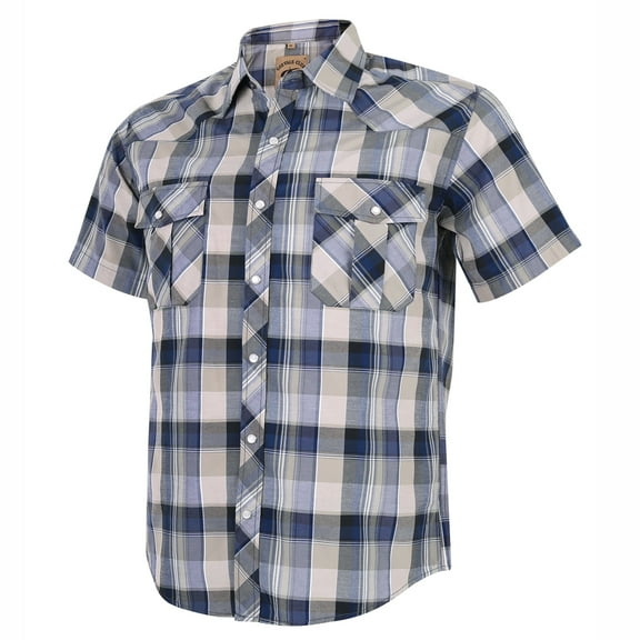 Coevals Club Mens Pearl Snap Plaid Western Cowboy Button Up Short Sleeve Shirts Light Gray Navy 13 Large