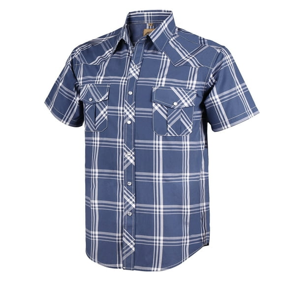 Coevals Club Mens Pearl Snap Plaid Western Cowboy Button Up Short Sleeve Shirts Navy White 38 Medium