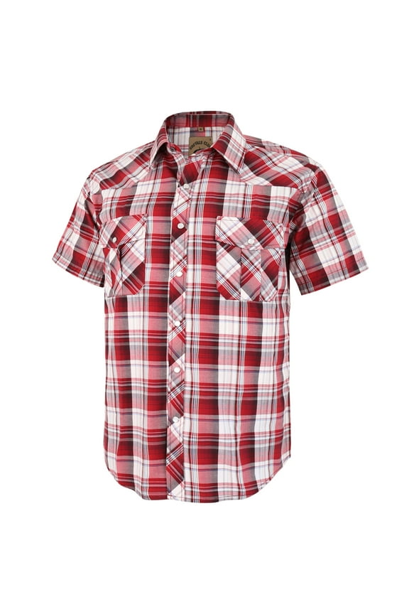 Mens Pearl Snap Plaid Western Cowboy Button Up Short Sleeve Shirts Red White 27 Medium