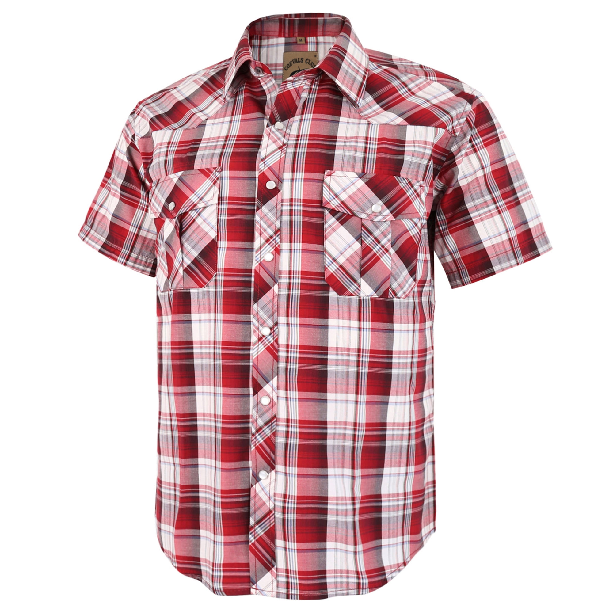 Coevals Club Men's Western Pearl Snap Shirt - Plaid Short Sleeve With Two Pockets, 4XL White/Red Line