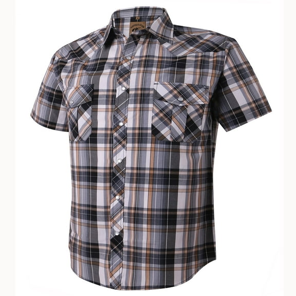 Coevals Club Mens Pearl Snap Plaid Western Cowboy Button Up Short Sleeve Shirts Yellow White Grey 02 Medium
