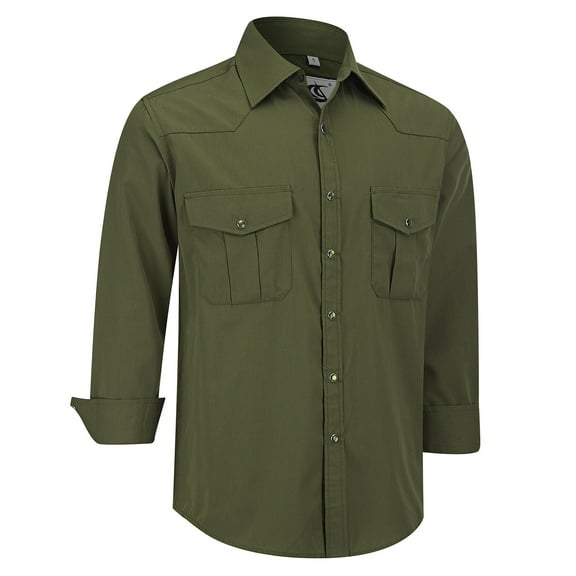 Coevals Club Mens Pearl Snap Solid Western Cowboy Button Up Dress Long Sleeve Work Shirts Army Green Small
