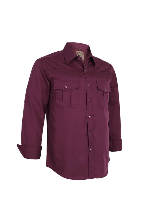 Mens Pearl Snap Solid Western Cowboy Button Up Dress Long Sleeve Work Shirts Burgundy Large