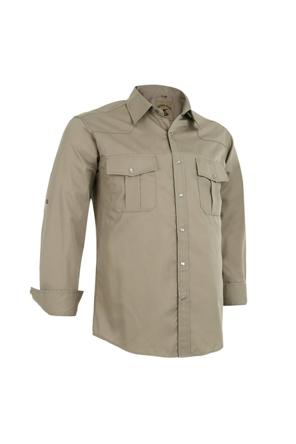 Mens Pearl Snap Solid Western Cowboy Button Up Dress Long Sleeve Work Shirts Khaki X-Large