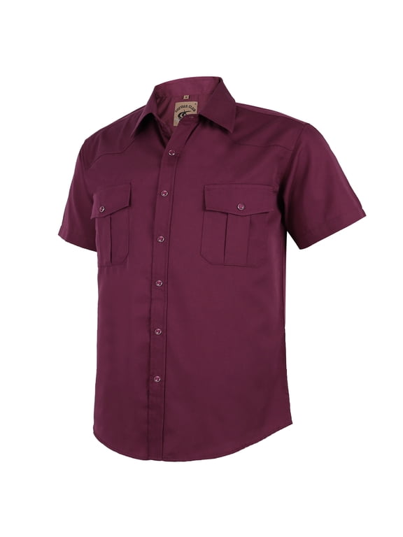 Mens Pearl Snap Solid Western Cowboy Button Up Dress Short Sleeve Work Shirts Burgundy X-Large