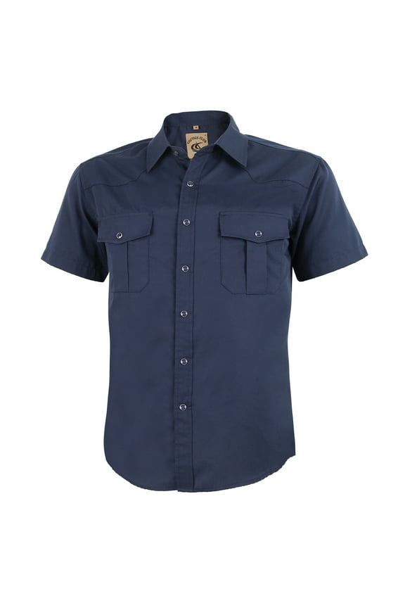 Mens Pearl Snap Solid Western Cowboy Button Up Dress Short Sleeve Work Shirts Navy Blue Large