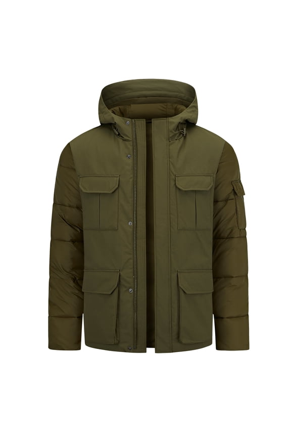 Mens Thickened Down Jacket Hooded Coat Winter 7 Pockets Puffer Quilted Jacket 01 Fir Large