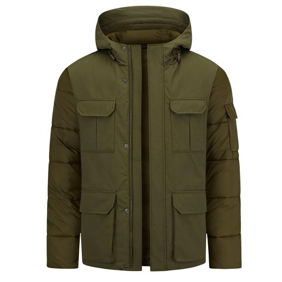 Coevals Club Mens Thickened Down Jacket Hooded Coat Winter 7 Pockets Puffer Quilted Jacket 01 Fir Small