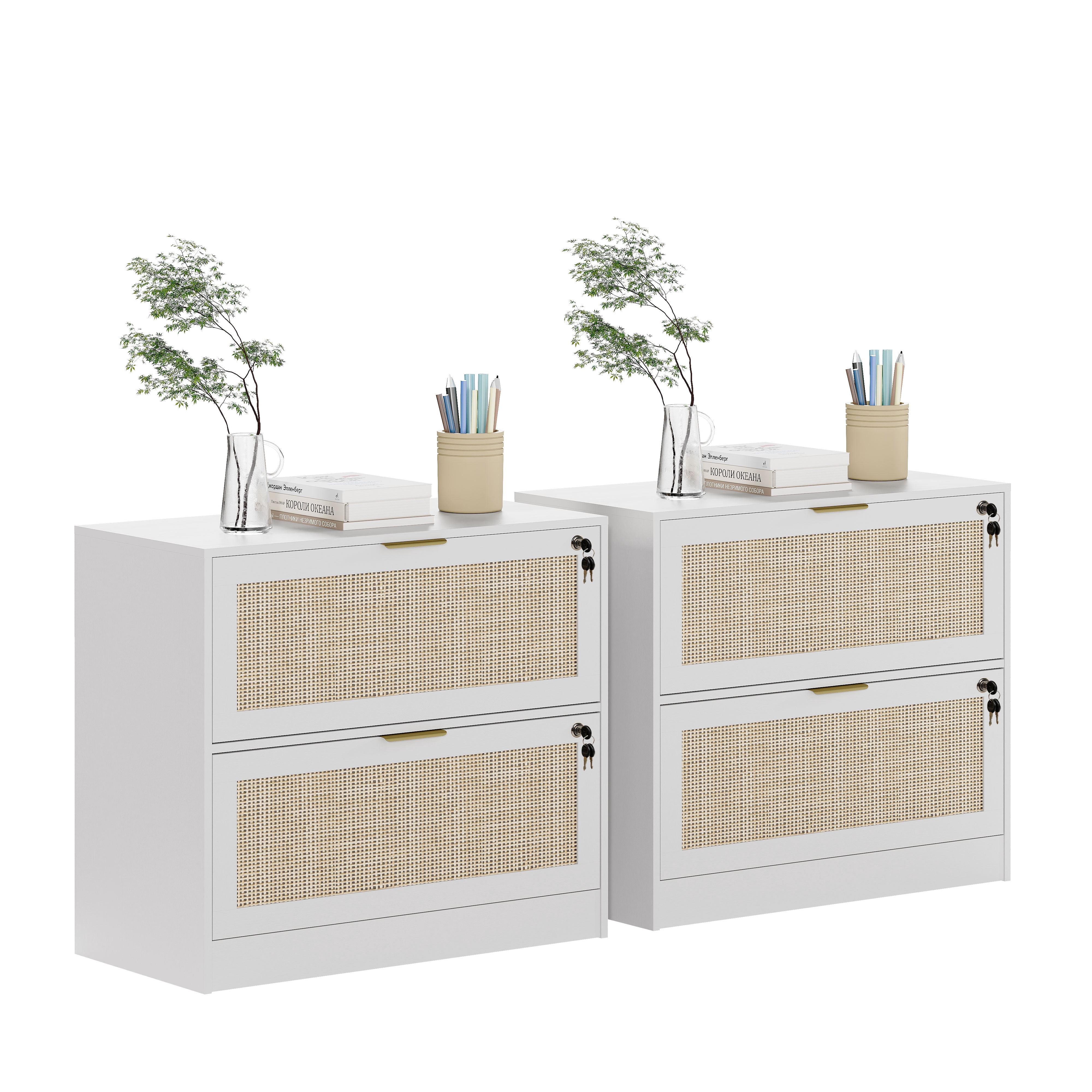 Coewske 2PCS 2-Drawer File Cabinet Lateral Filing Cabinet Printer Stand w/ Lock Home Office White