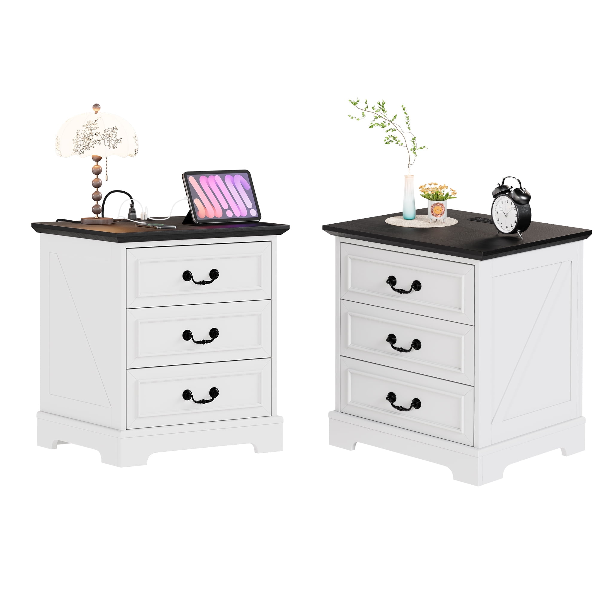 Coewske 2PCS 3-Drawer Nightstand Side End Table with Charging Station Black Top - Walmart.com
