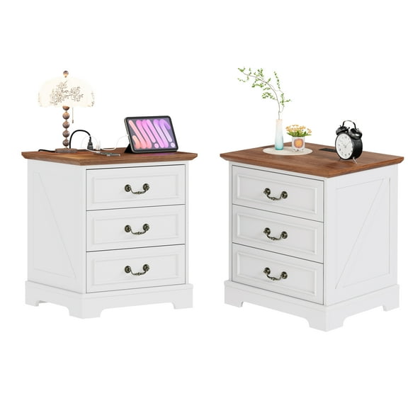 Coewske 2PCS 3-Drawer Nightstand Side End Table with Charging Station Brown Top