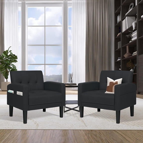 Coewske 2PCS Faux Leather Modern Accent Chair Tufted Cozy Single Sofa Chair Armchair w/ Side Pocket Black