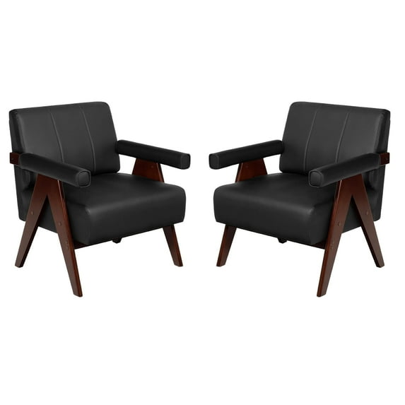 Coewske 2PCS Modern Comfy Accent Chair Faux Leather Comfy Leisure Arm Chair w/ Wood Frame Home Office Black
