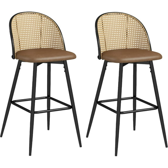 Coewske 2PCS Rattan Swivel Bar Stool Upholstered Counter Height Bar Chair Set w/ Metal Legs Brown