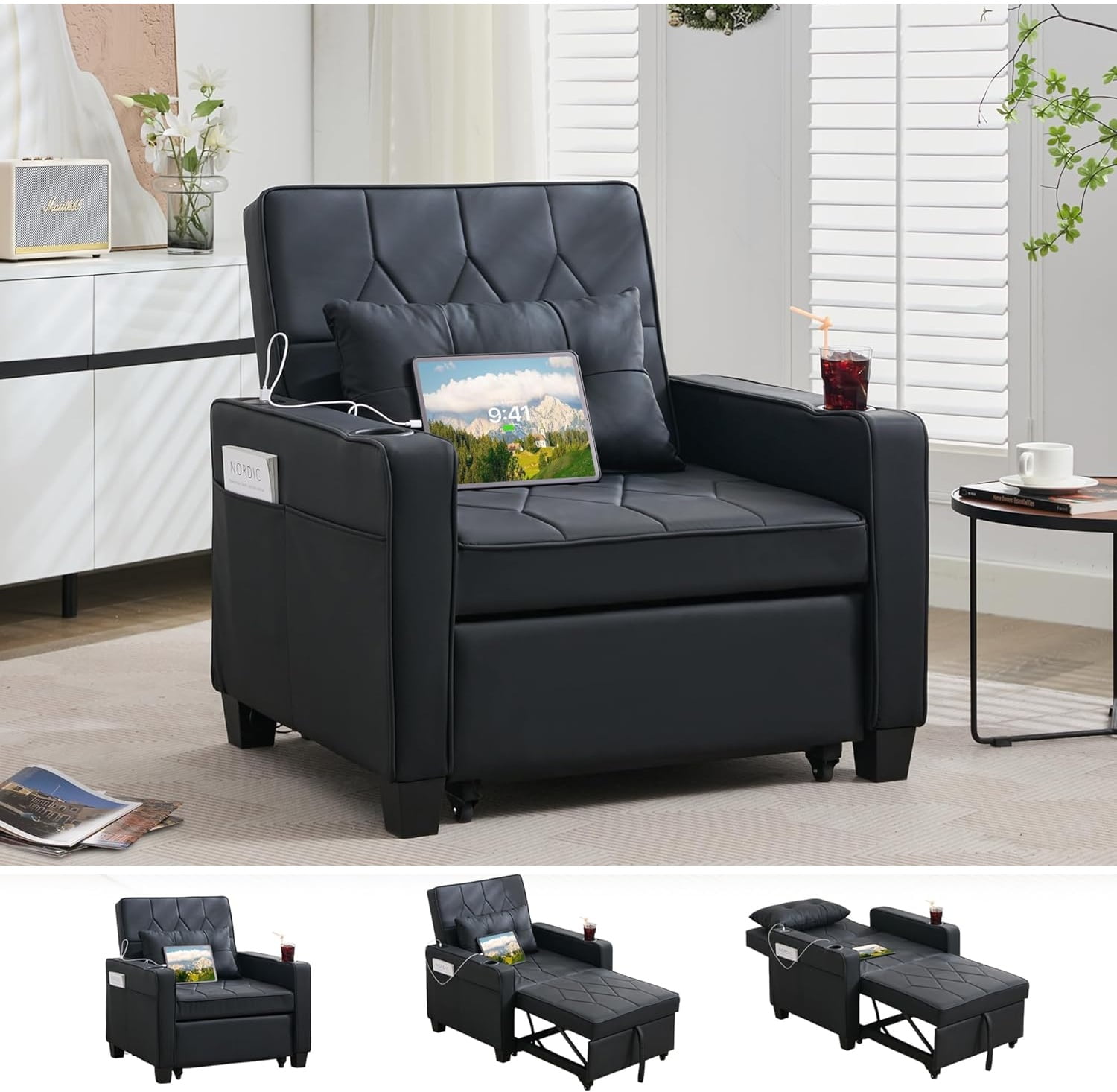 Coewske 3 in 1 Convertible Sofa Bed Chair Sleeper Recliner w ...